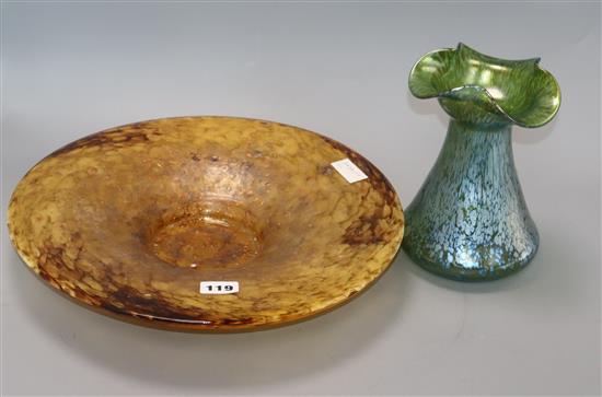 A Monart-style amber glass dish, diameter 35cm and a Loetz-style vase